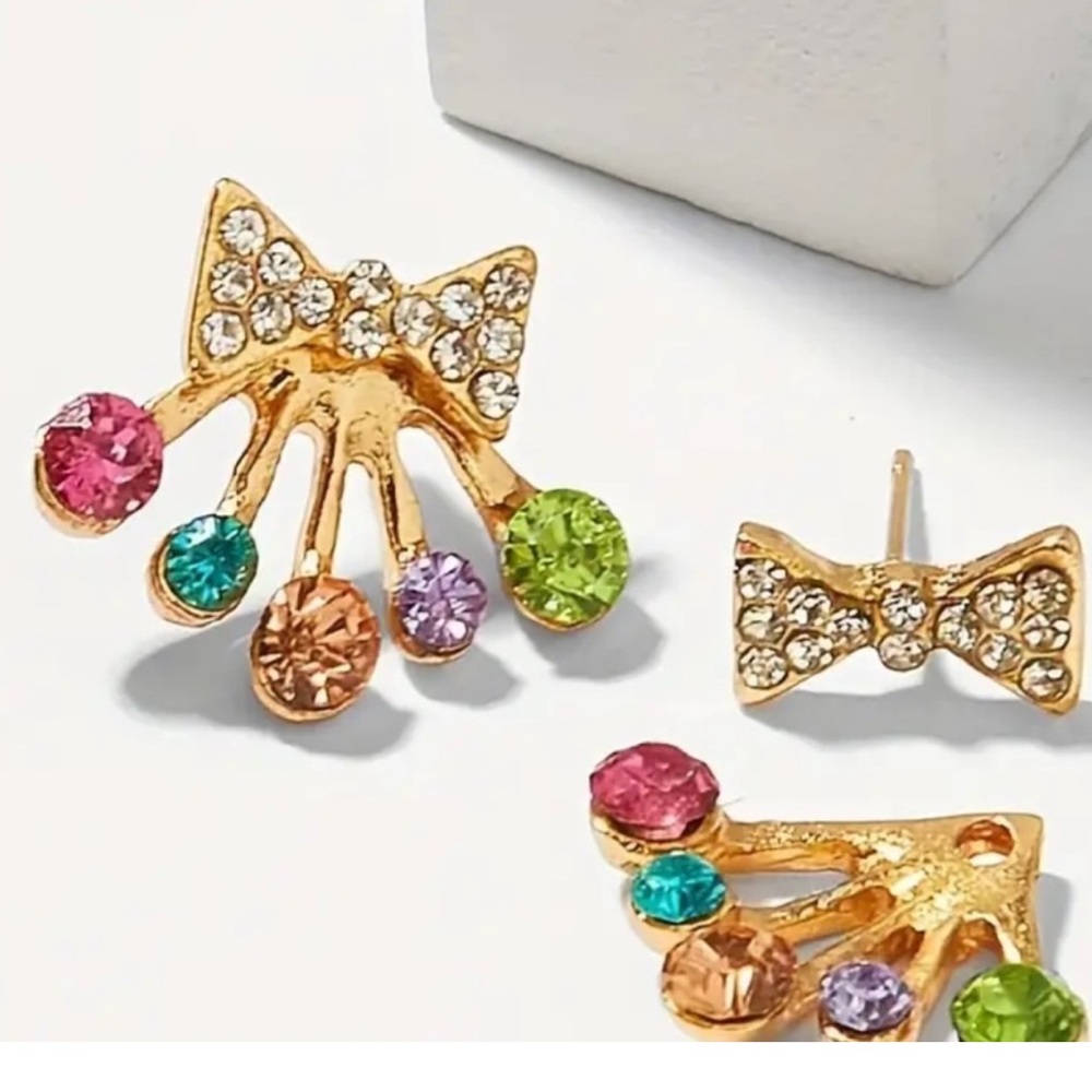 Elegant Gold Multicolor Barbie Crystal Bow Earrings NEW lNWT